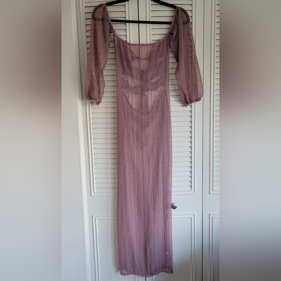 Mauve Sheer Mesh Shimmer Off Shoulder Longsleeve Cutout Front Tie Maxi Dress - Picture 2 of 5